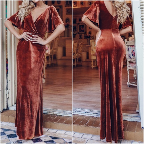 Dresses & Skirts - rust Brown Velvet Off Shoulder formal party evening wedding prom Luxe dress